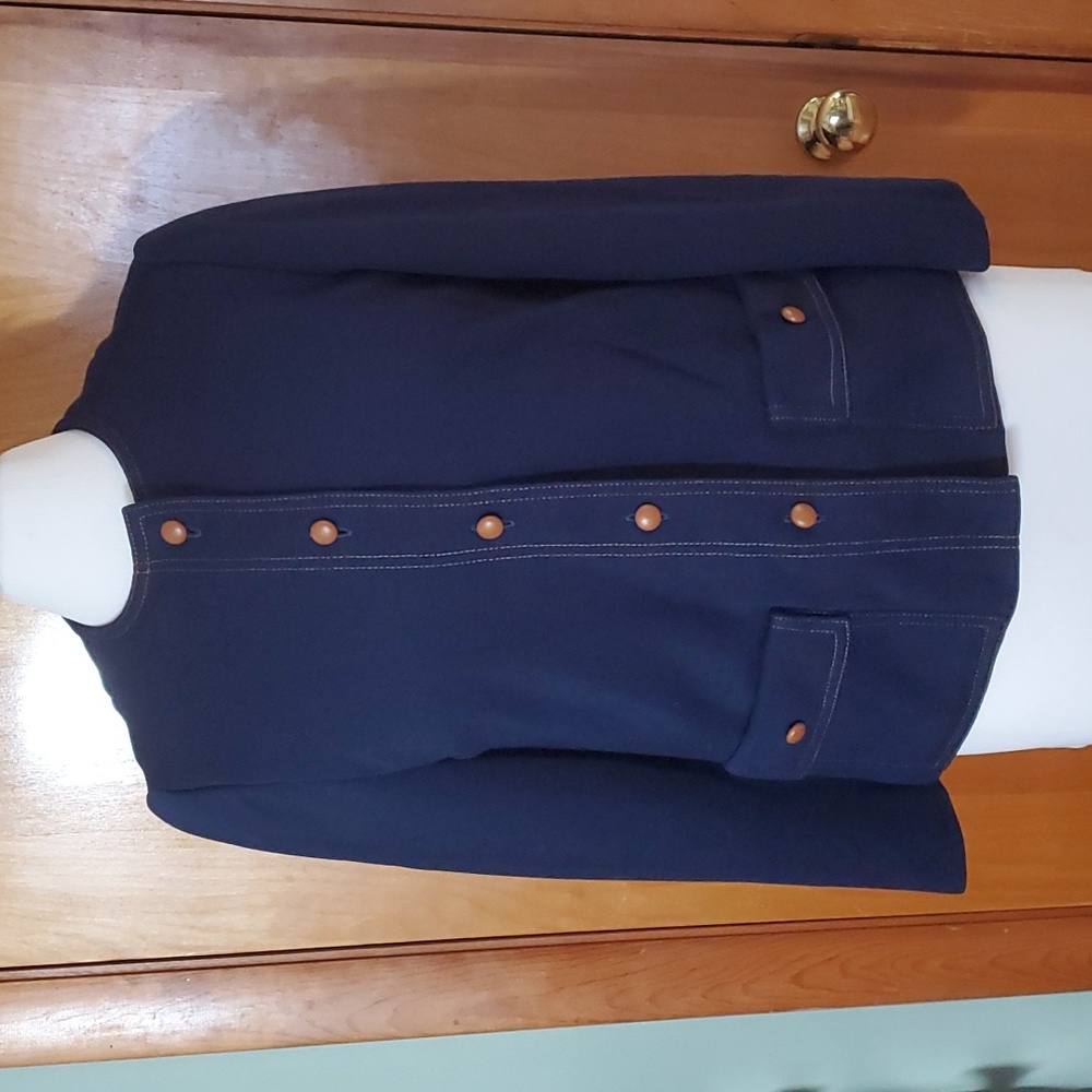 Vintage B. Altman Blazer, Navy Blue and Brown, Faux Leather Buttons - Size 8